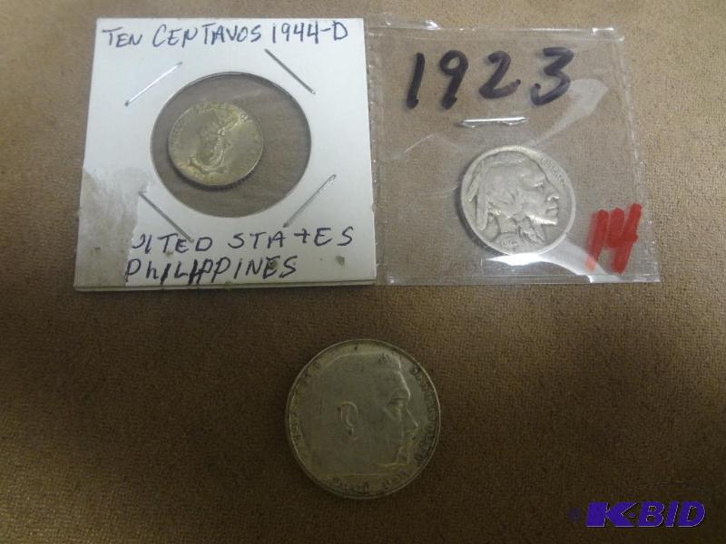 1923 Buffalo Nickel &amp (2) Foreign Coins...
