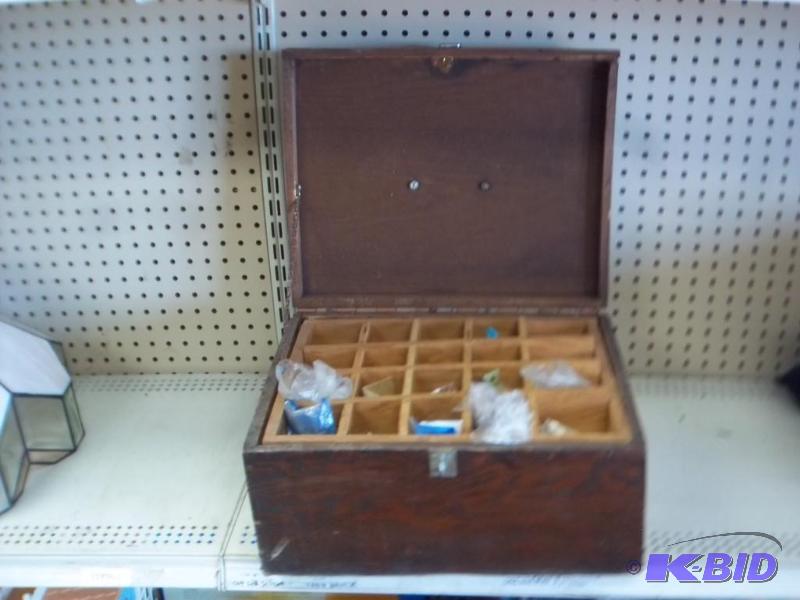 lot 88 image: Wood Box With Random Items, Box Needs Repair...