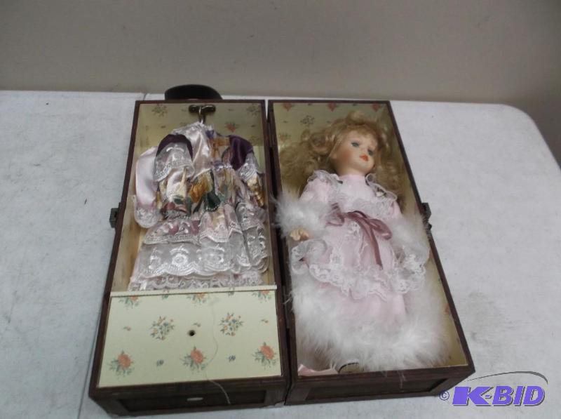 Porcelain doll store in wooden box