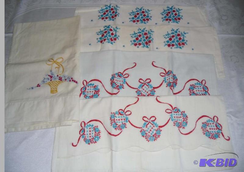 lot 6 image: Vintage Embroidered Cotton Floral Pillowcases