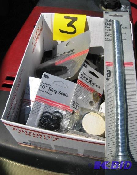 BOX OF MISC PLUMBING ITEMS, O-RINGS, CONE WAS...
