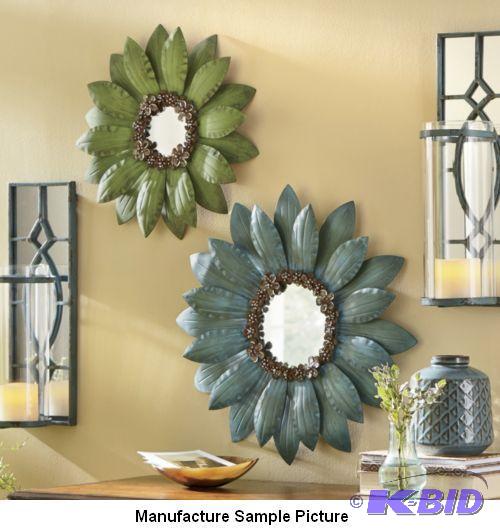 Lot of 2 Green Flowered Metal Jeweled Mirrors...