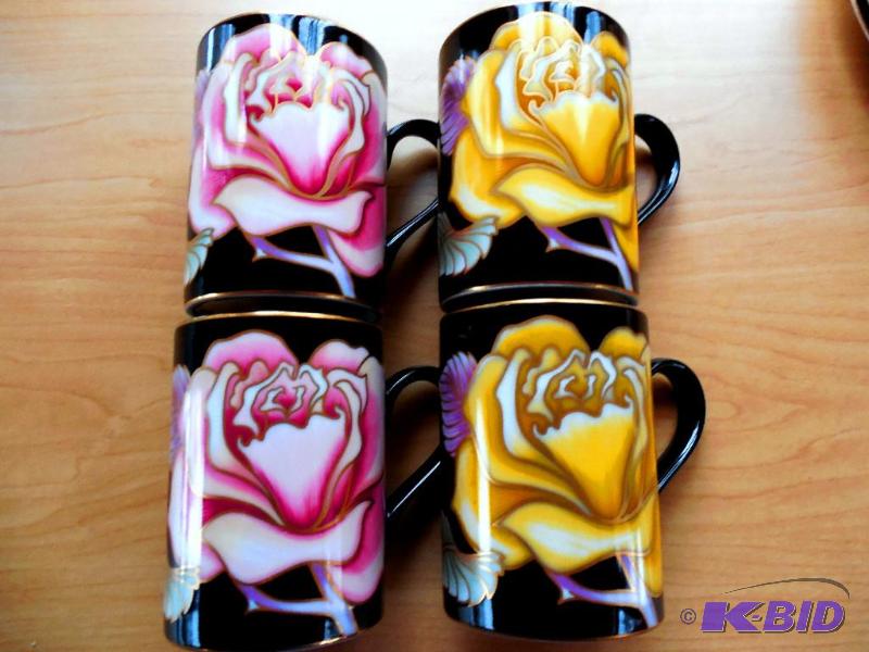 lot 16 image: 4 Rare Fitz Floyd Midnight Rose Pink & Yellow Roses Black CupsMugs