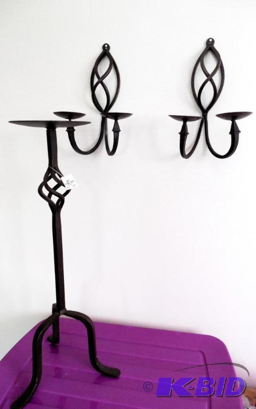 lot 33 image: 2 Vtg Rustic Wrought Cast Iron Candle Holder Wall Sconce  STAND Cabin Gothic
