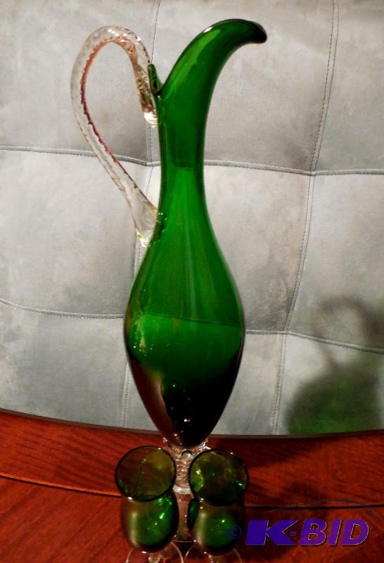 lot 45 image: EARLY Vintage MURANO or VENETIAN Blown GLASS DECANTER wTwo Cordial GLASSES