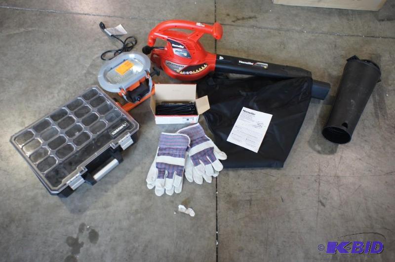 Electric Homlite Blower, toolbox, gloves, wor...