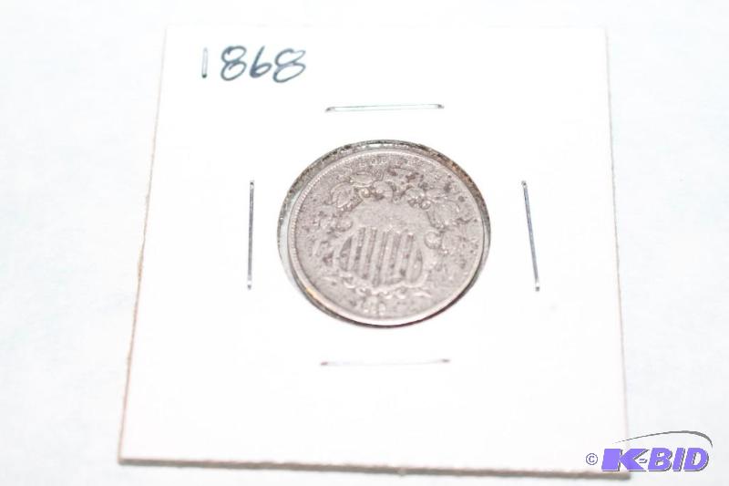 1868 Shield Nickel, Variety 2, Without Rays...