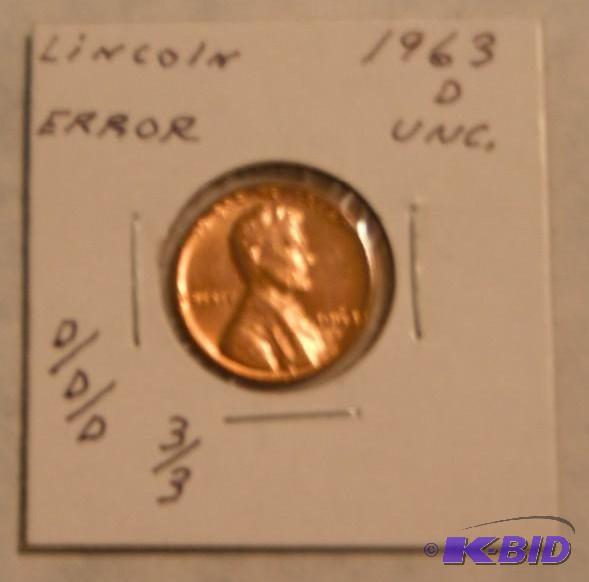 1963 D Unc.Lincoln One-Cent (Error) ddd, 3...
