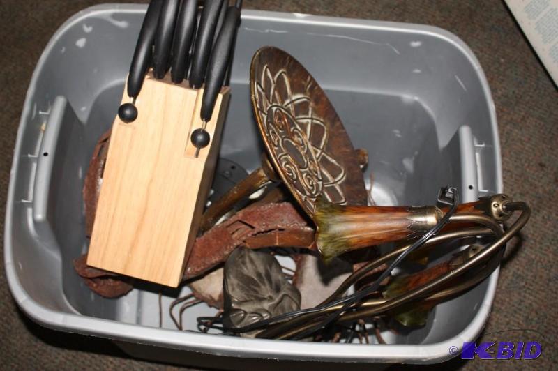 lot 112 image: Plastic Tub Lot Including Kitchen Knife Set, ...