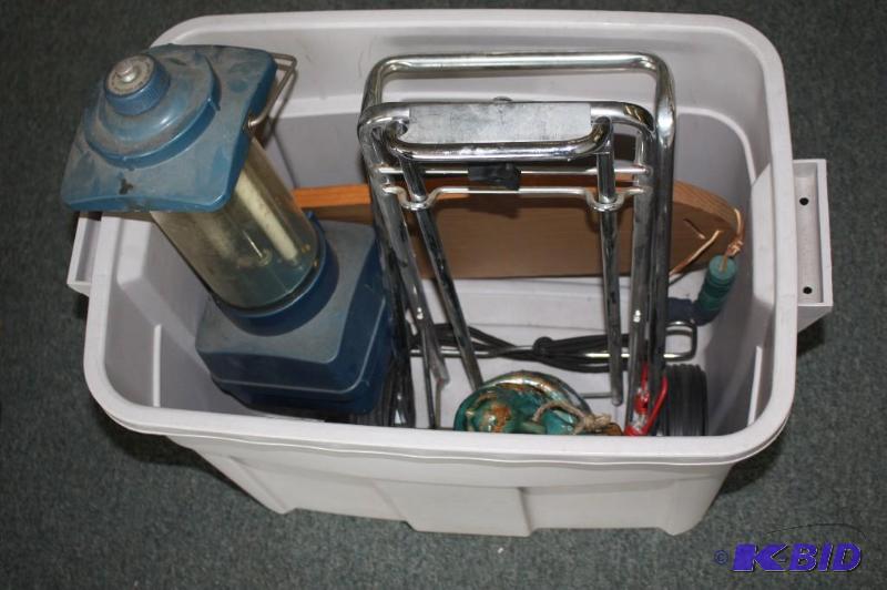 lot 128 image: Plastic Tote Lot Including lantern, chessch...