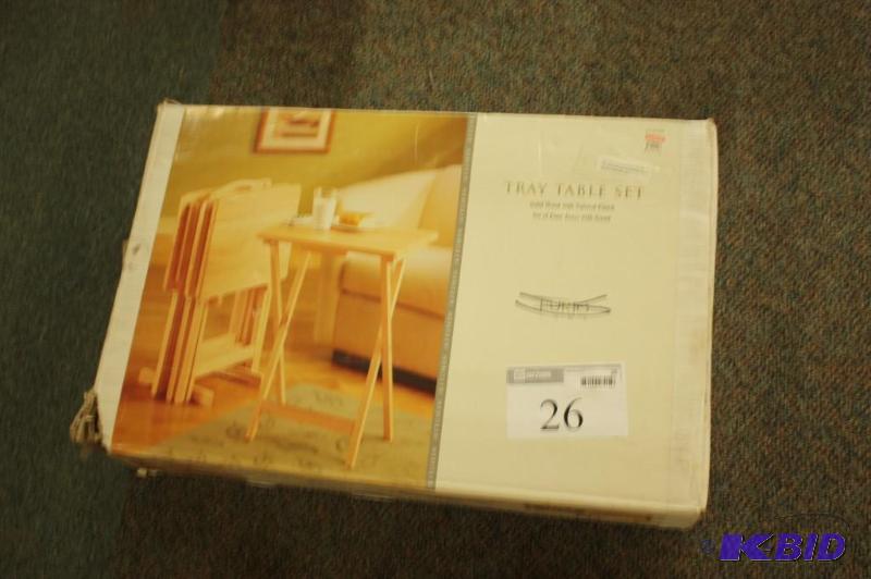 lot 26 image: Solid Wood Tray table set includes (4) Trays...