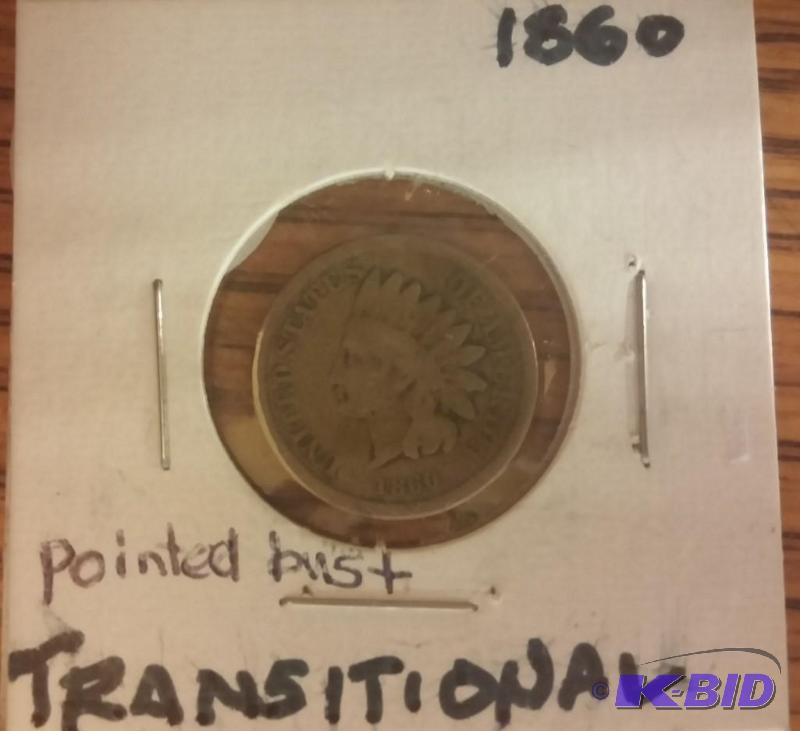 1860 INDIAN HEAD PENNY POINTED BUST TRANSITON...