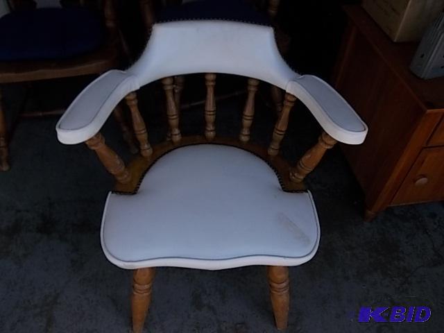 lot 2 image: 1-Solid Wood Captains Chair With White Vinyl...