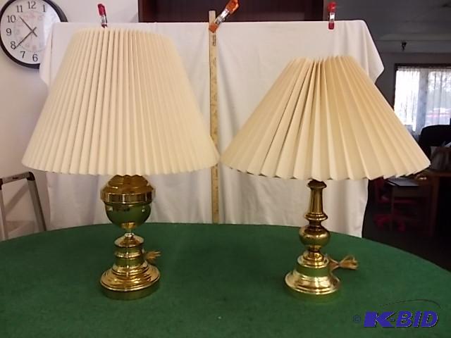 lot 3 image: 2-Polished Brass Lamps With Shades...