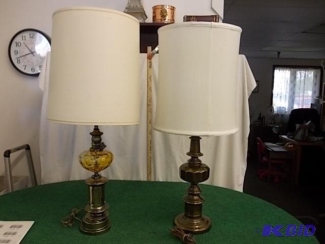 lot 4 image: 2-Antique Brass Lamps With Shades...