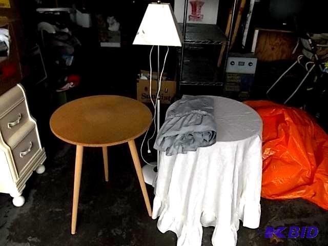 lot 47 image: 2-Round Tables, 2 Table Cloths, Floor Lamp (N...
