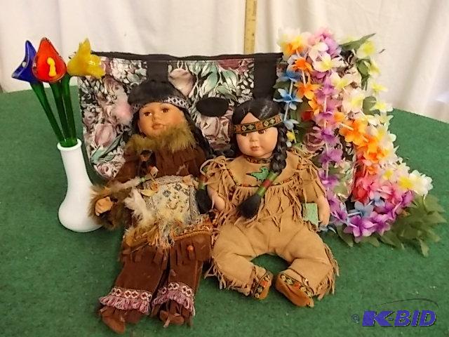 lot 50 image: 2-Porcelain Indian Dolls, Vase With 3 Blown G...