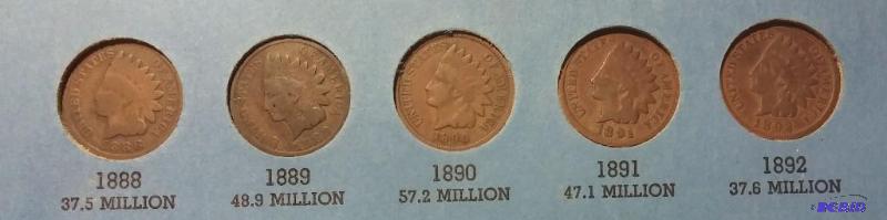 Lot of 5 Indian Head Pennies-1888, 1889, 1890...