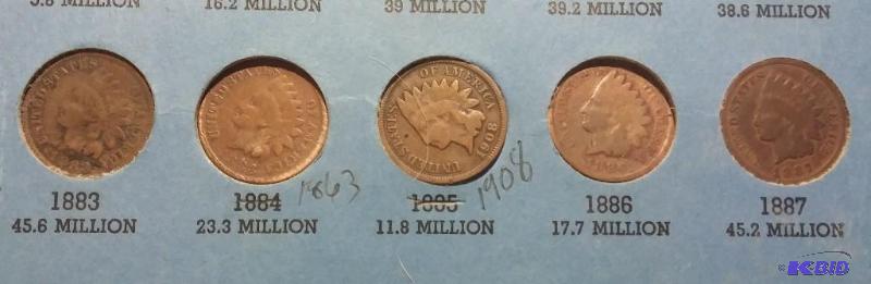 Lot of 5 Indian Head Pennies-1883, 1863, 1908...