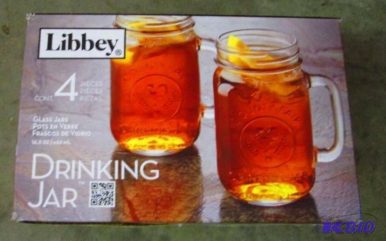 lot 97 image: Libbey 4 count drinking jar, glass jars...