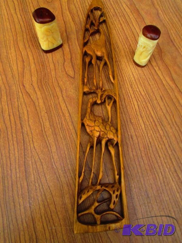 Wood giraffe carving and pair of Ivory salt a...