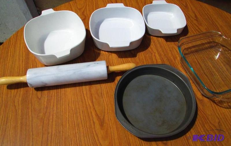 Marble rolling pin, casserole dishes and othe...
