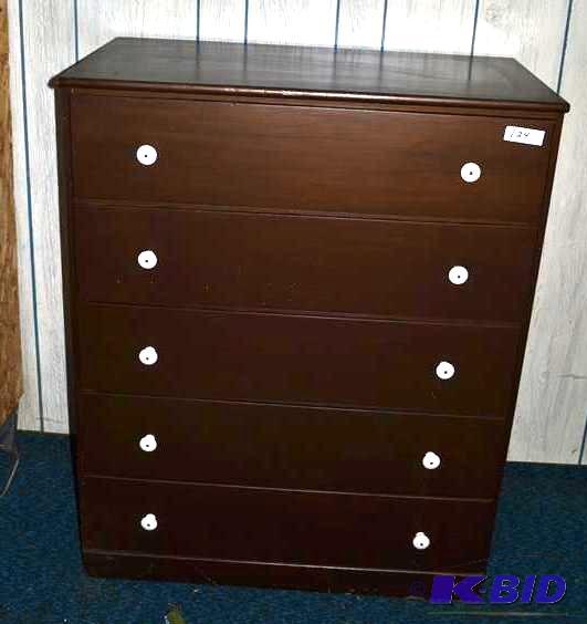 lot 124 image: 5 drawer wood dresser with porcelain knobs 43...