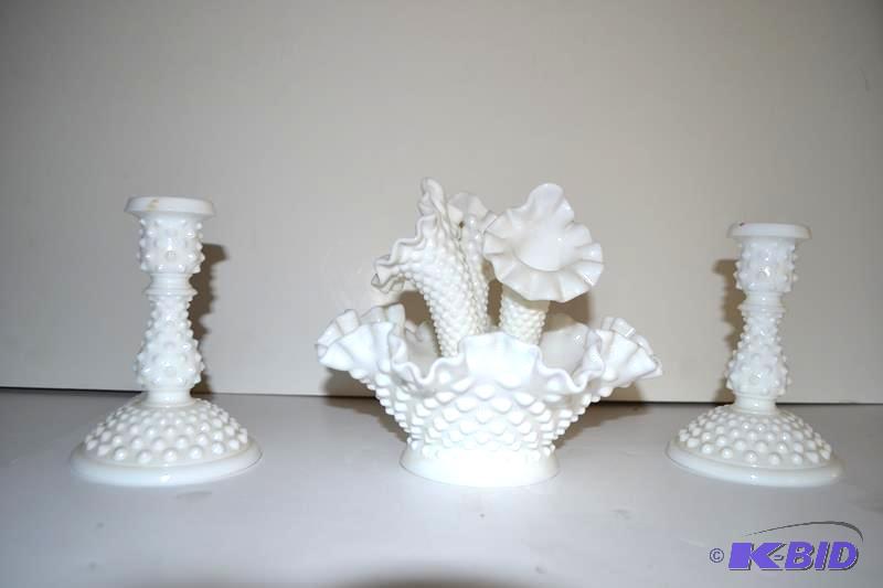 lot 30 image: Vintage Fenton Hobnail Milk Glass matching ca...