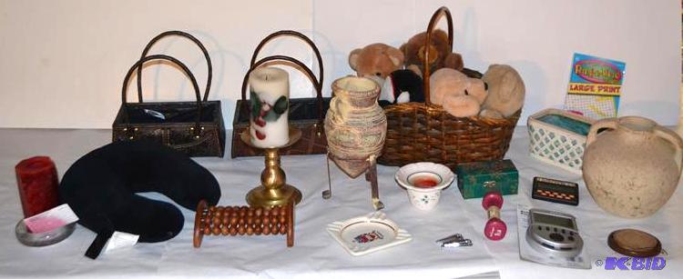 lot 378 image: Two handbags 5 stuffed animals Massage roller...