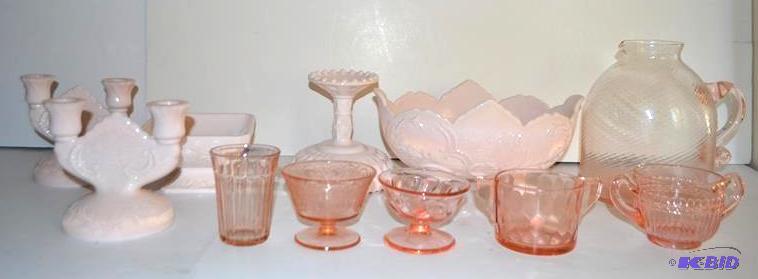 lot 88 image: Jeanette Pink milk glass candle holders,  P...
