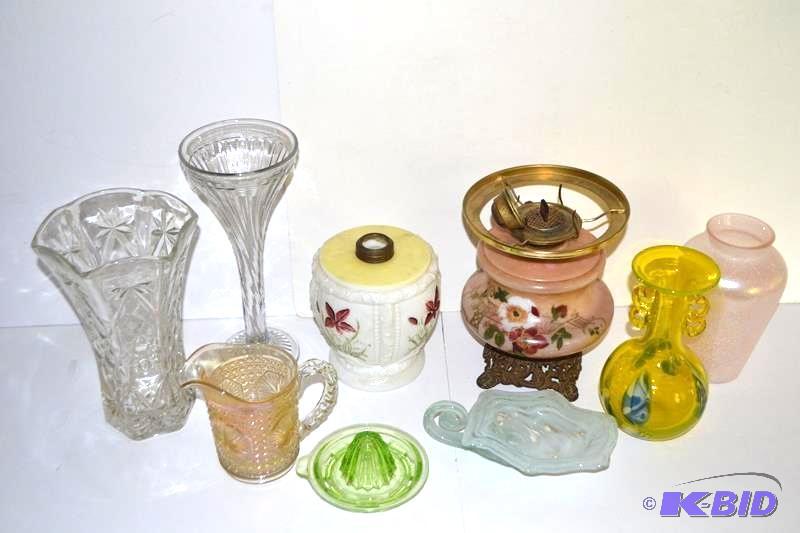 lot 95 image: Vintage Carnival glass pitcher,  oil lamps ...