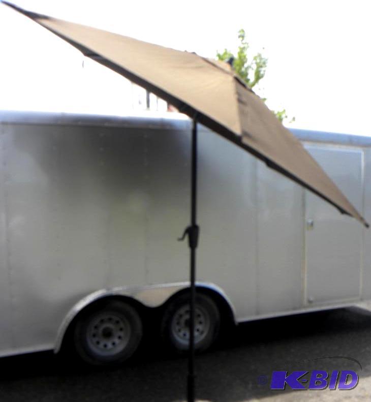 lot 14 image: 9 Deluxe Market Umbrella, brown, 8 steel rib...