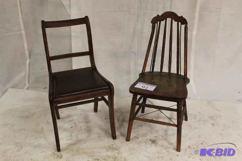 2 Wooden Chairs--One missing back upright pan...