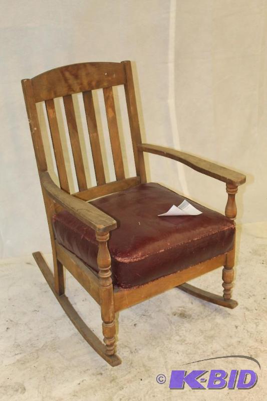 Oak Armchair Rocker with Maroon Leather Seat ...