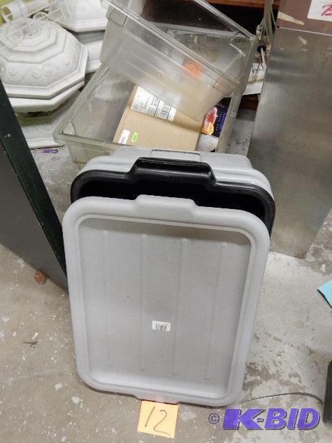 3 grey plastic bus bins, 1 small plastic bin,...