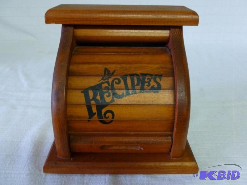 lot 129 image: Beautiful solid wood roll top recipe box that...
