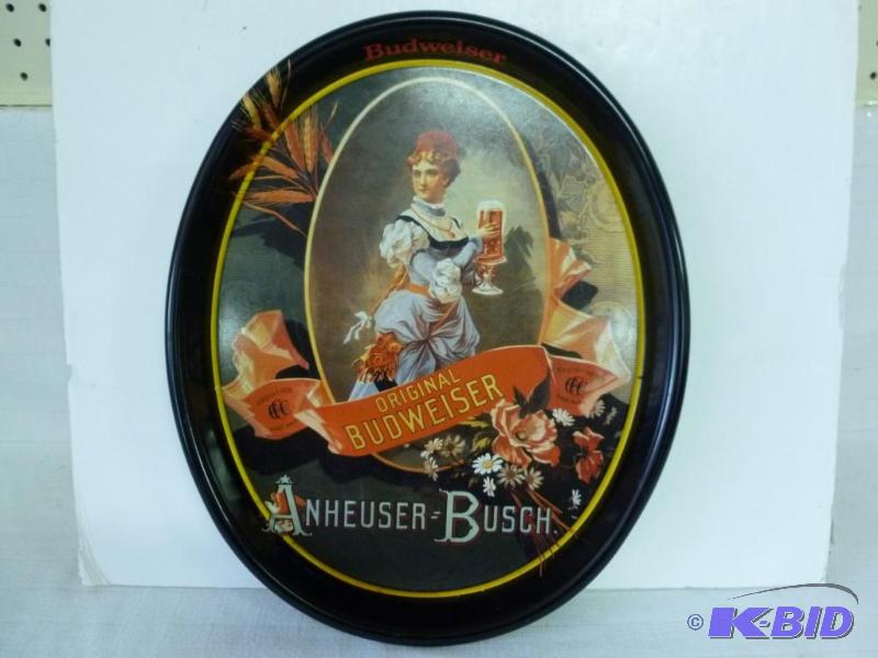 lot 143 image: Budweiser metal oval serving tray that measur...