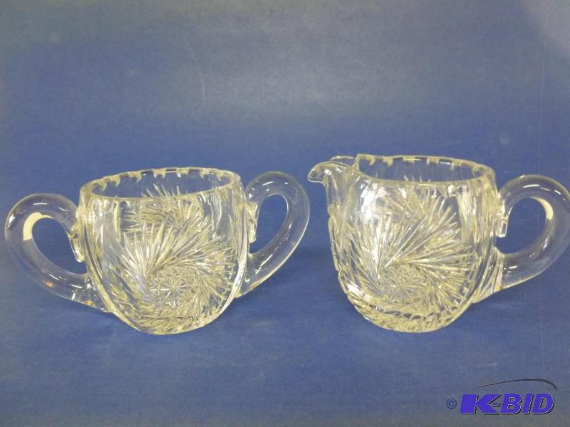 lot 148 image: Beautiful cut lead crystal cream and sugar se...