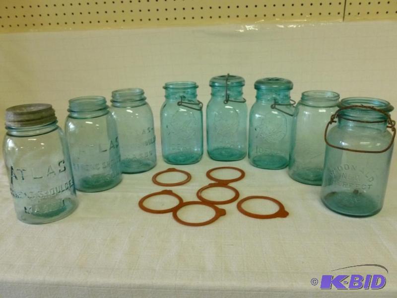 lot 189 image: Lot of eight vintage blue glass canning jars ...
