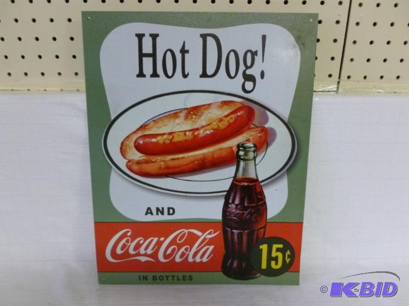 lot 23 image: Hot Dog And Coca-Cola 15 cents metal sign tha...