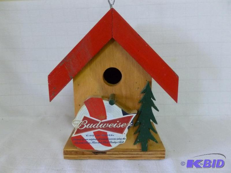 lot 230 image: Custom made wooden Budweiser bird house, meas...