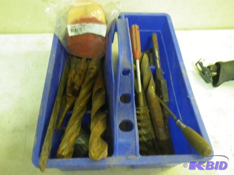 Tote of large drill bits, taps, tools...