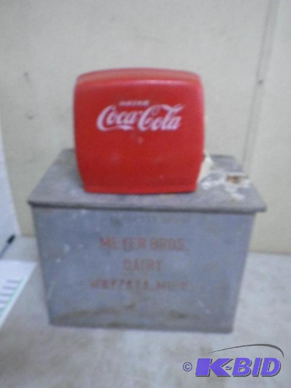 Milk cooler, coke collectible...