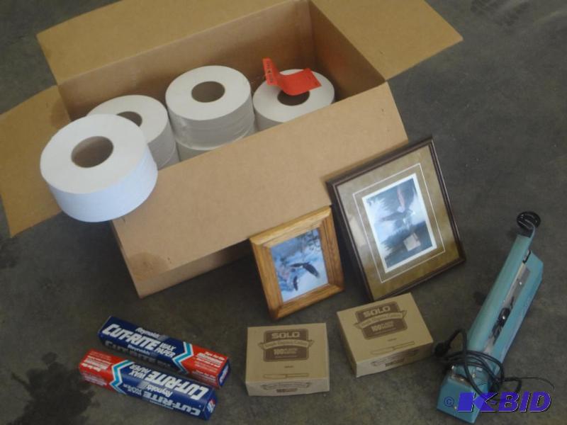 lot 49 image: Box Lot Plastic Knives, Bathroom Tissue, Pic...