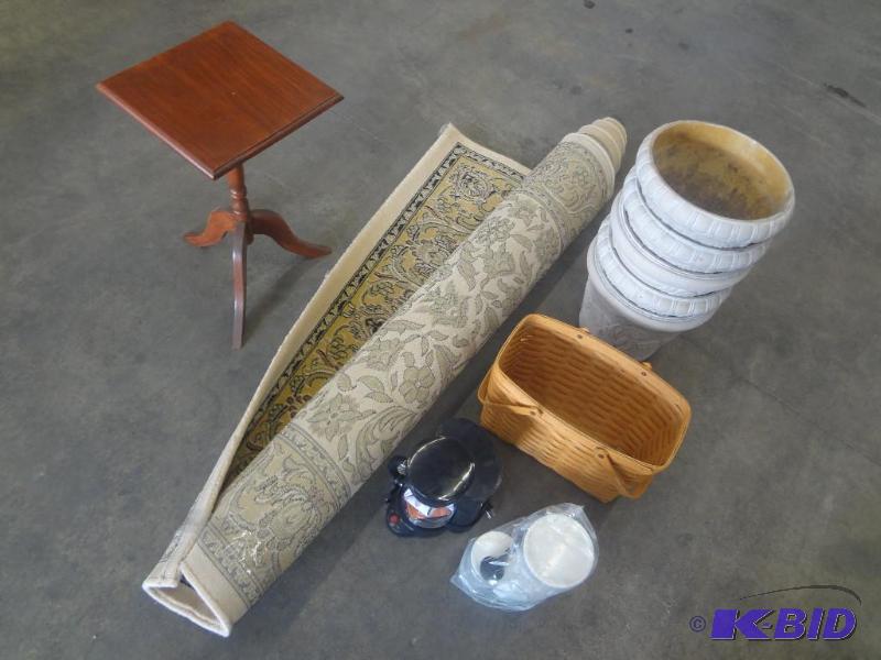 lot 72 image: Lot Of 5x7 Floor Rug, Flower Pots, Wicker ...