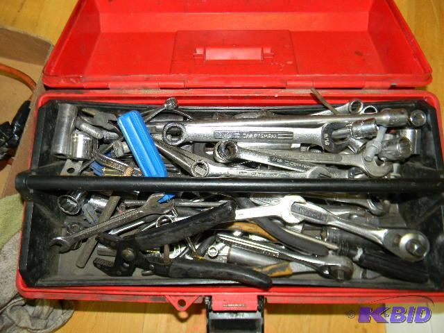lot 111 image: Red plastic tool box FULL of misc. tools...