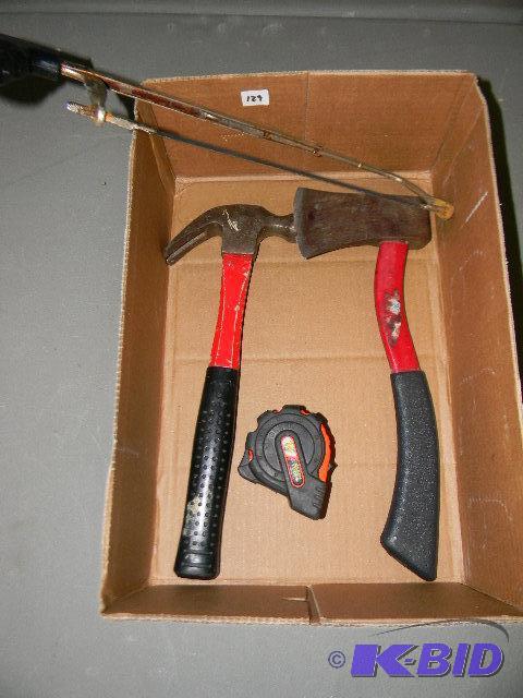 lot 129 image: Lot of 4 tools - hammer, ax, tape measure and...