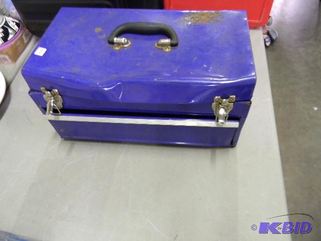 lot 47 image: Blue single drawer tool box with a lid that l...