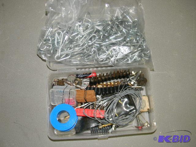 lot 65 image: Bag of chain and box of misc. tools and parts...