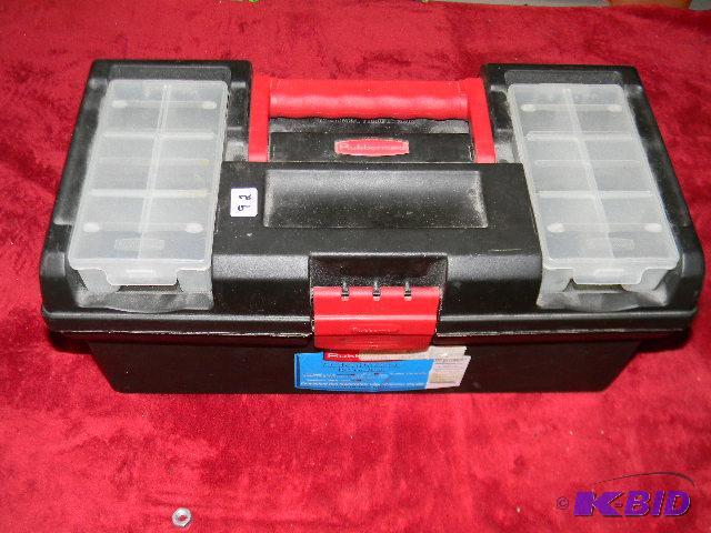 lot 92 image: Red and black Rubbermaid tool box FULL of mis...